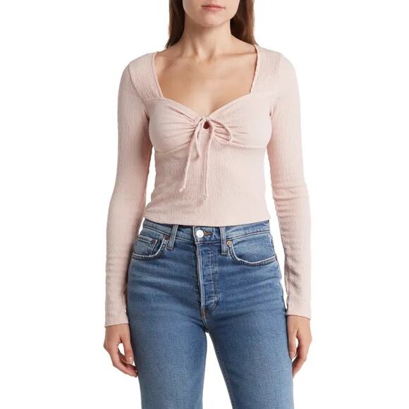 Kirious Long Sleeve Square Neck Tie Front Top Light Pink Size M Coquette Pastel - Picture 1 of 7